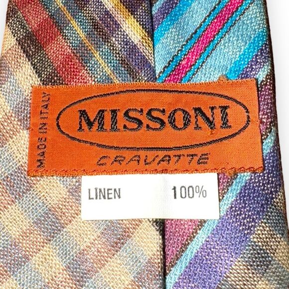 Missoni Multicolored Check Handmade in Italy 100% Linen Tie - Picture 3 of 5